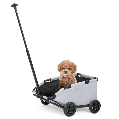 ミニ犬用ベビーカー ミニペット用 折りたたみ式多機能ショッピングカート 拡張可能なプルハンドル付き わんわんワゴン クッション内蔵 安全ロープ 収納バッグ付き (ライトグレー)*vj ec5786f1