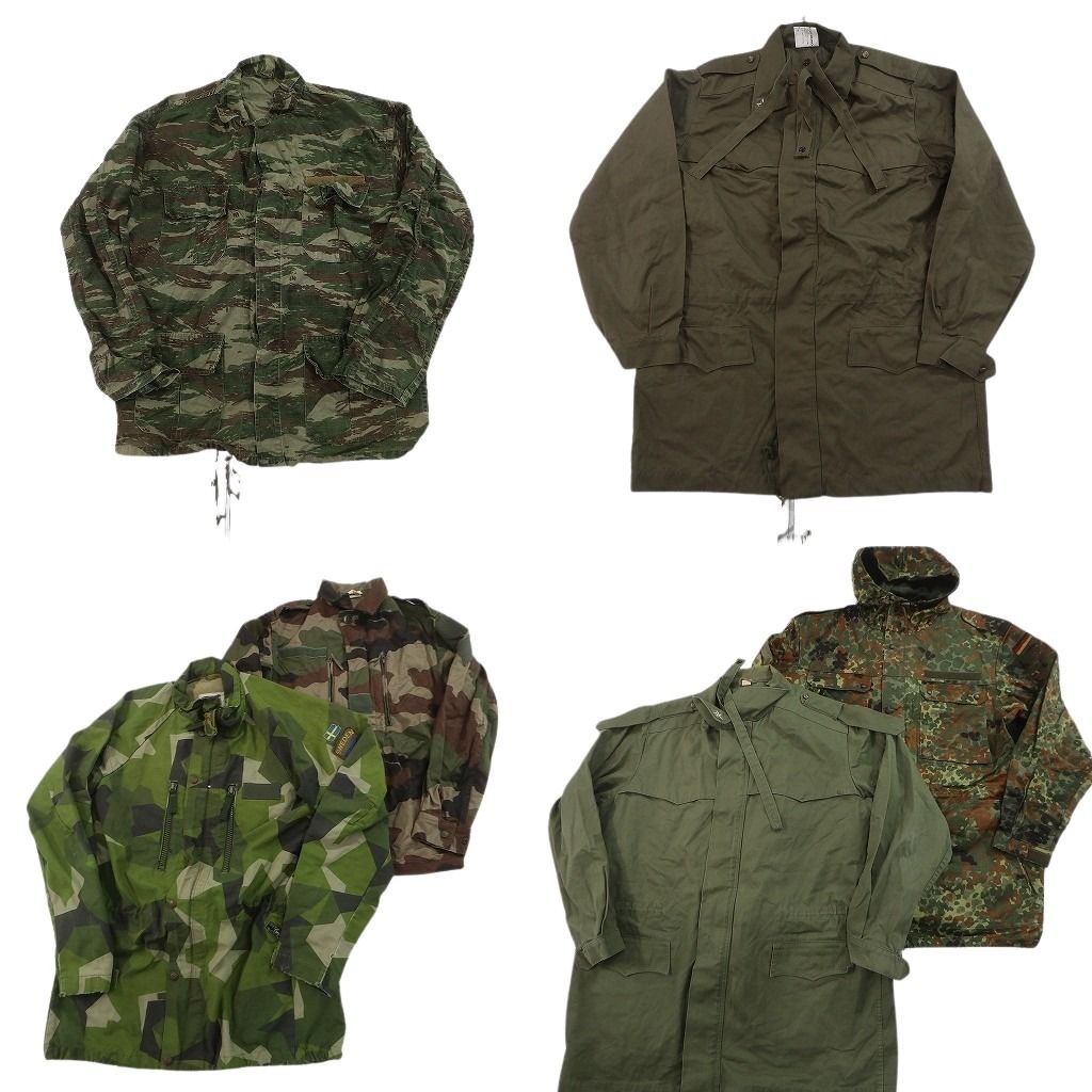 古着卸 まとめ売り ユーロミリタリー ジャケット 6枚セット ( メンズ ) ドイツ軍 無地 オリーブ スウェーデン カモ柄 中古 古着 NF2937