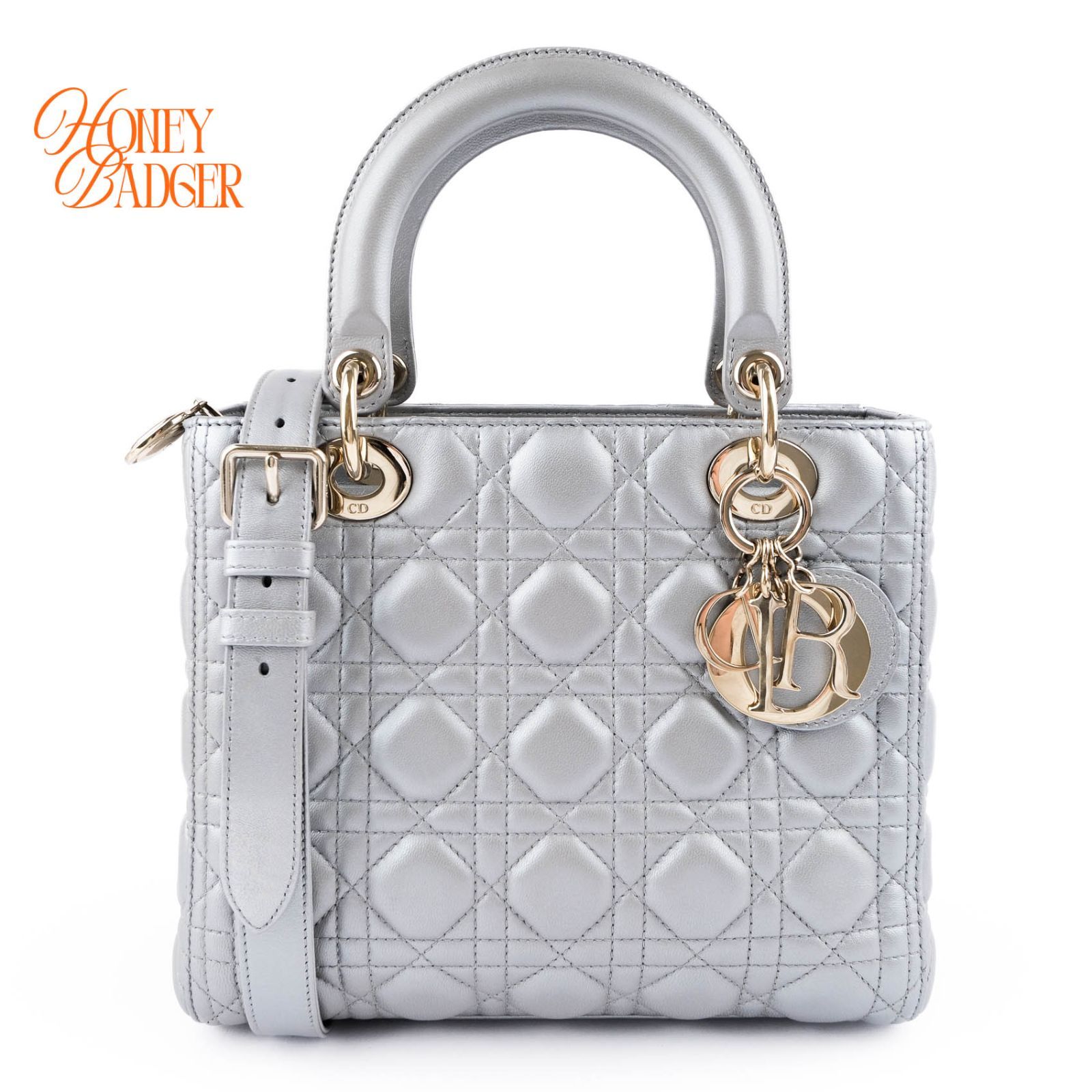 【極美品】ディオール DIOR レディディオール ミディアム ラムスキン 2WAYバッグ パールグレー