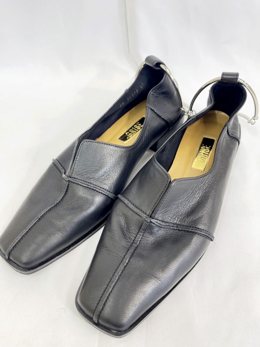 GRISE グリーズ レザー スクエア クロスシーム アンクル フラット パンプス size23.0/黒 ■■◎レディース
