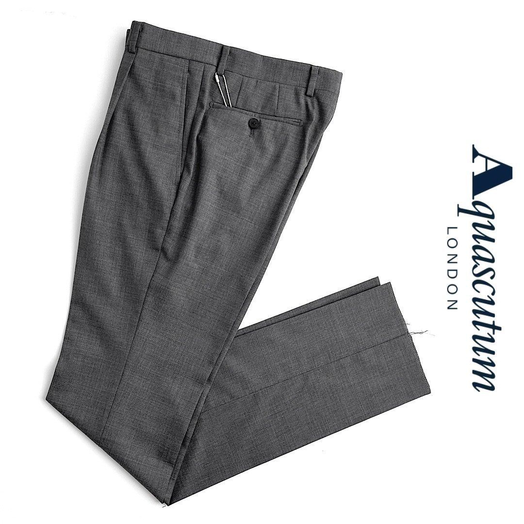 新品 Aquascutum アクアスキュータム スラックス W79 グレー 春夏 ウール100％ 日本製 ワンタック ビジネスパンツ ドレスパンツ ピンヘッド柄 裾未処理 定価44,000円