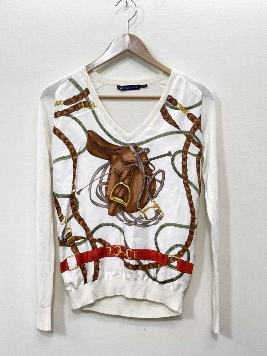 Ralph Lauren ラルフローレン Bridle Print Silk & Knit Jumper 馬具 スカーフ ニット セーター sizeS/白 ■◇◎レディース