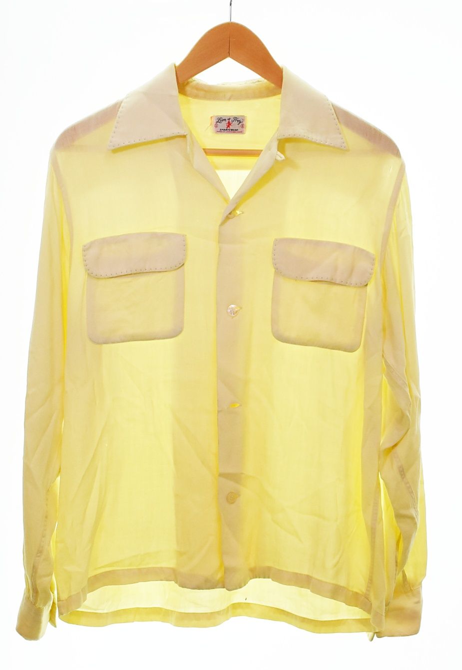 ヴィンテージ Vintage 50s Lion of Troy Rayon Gabardine Shirt レーヨン ギャバジン シャツ レーヨン ギャバ 襤褸 開襟 オープン カラー シャツ 1 長袖シャツ イエロー Sサイズ 103MT-4828