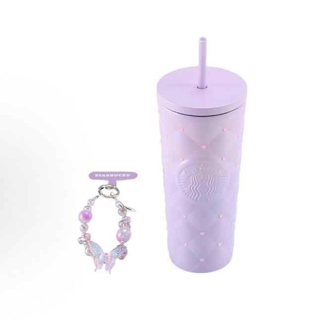 【即納】海外限定 中国限定 Starbucks 星巴克 暮桜翩翩シリーズ パープル 菱格紋ダイヤ風 2WAYステンレスタンブラー ギフトBOX付き 525ml/590ml