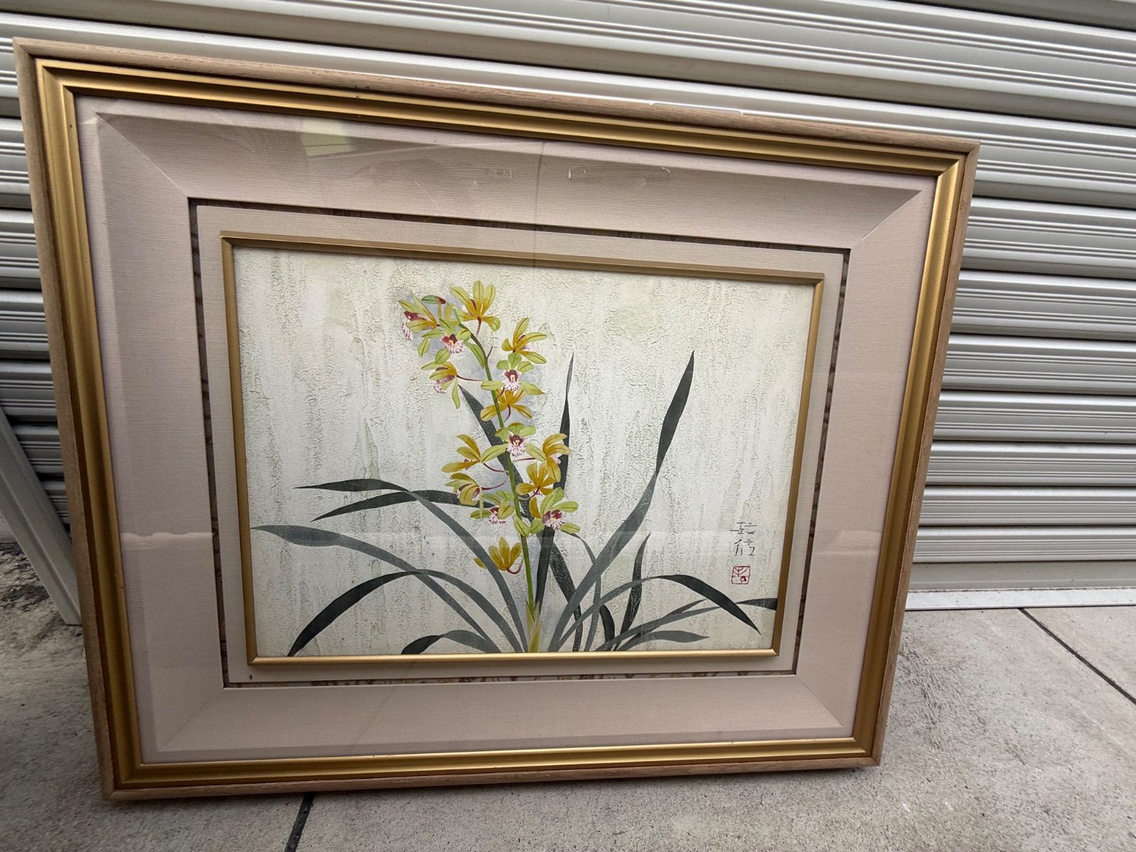 松岡政信「蘭花」日本画 額装 美品 花鳥画 蘭