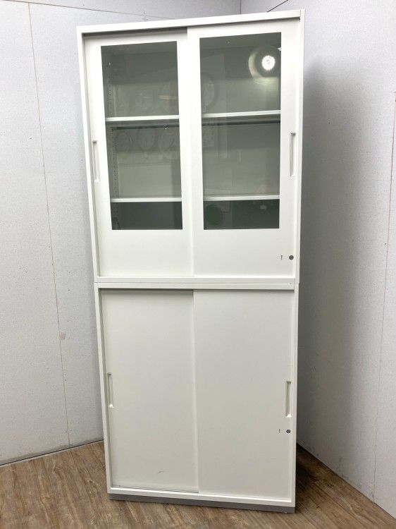 【中古品】プラス L6シリーズ 引違い・ガラス引違い上下書庫 上段L6-105G-C ホワイト