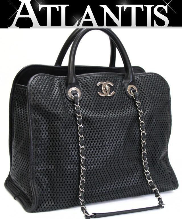 シャネル CHANEL フレンチリビエラ メッシュトート チェーンハンドバッグ レザー 黒 S金具 17番台 A67654 【75018】