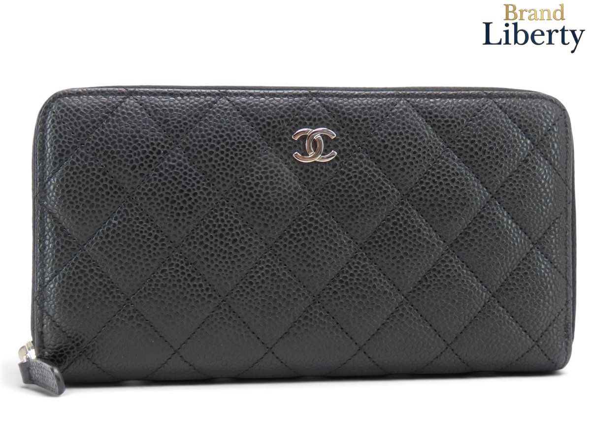 【美品】シャネル CHANEL マトラッセ ココマーク キャビアスキン ラウンドファスナー 長財布 ブラック シルバー金具 グレインドカーフスキン A50097
