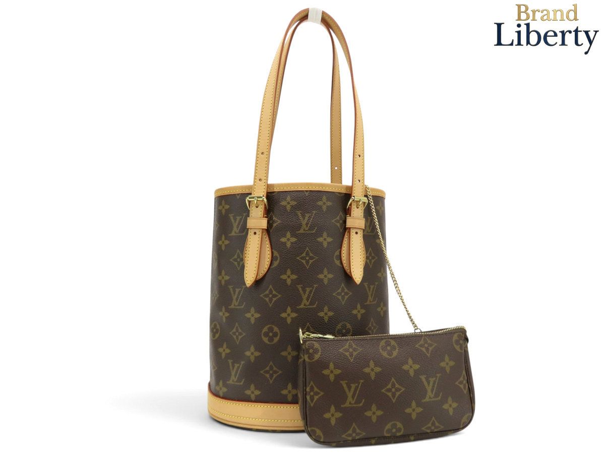 【新品同様】ルイヴィトン LOUIS VUITTON モノグラム プチ バケットPM バケツ型 トートバッグ ハンドバッグ ショルダーバッグ ポーチ付き ダークブラウン PVC カーフレザー M42238