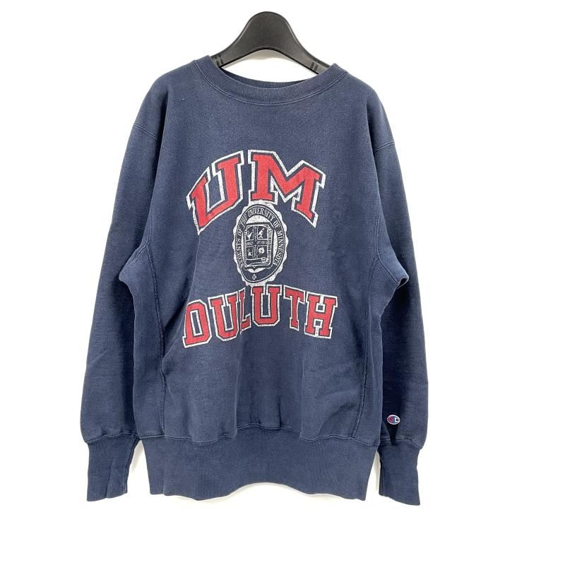 【中古】90s Champion 刺繍タグ REVERSE WEAVE UM DULUTH サイズL USA製 ネイビー チャンピオン[17]