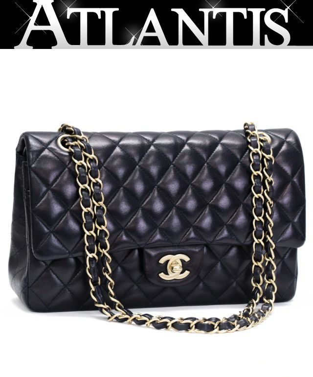 CHANEL シャネル マトラッセ25 ダブルフラップ チェーンショルダーバッグ ラム ネイビー G金具 20番台 【74954】