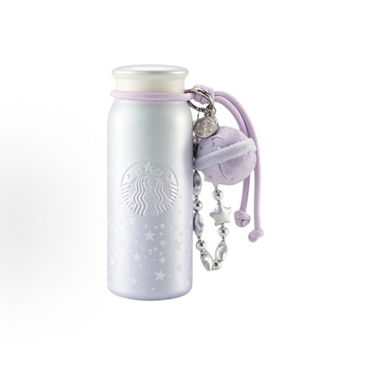【即納】海外限定 Starbucks ナイトギャラクシーシリーズ 420ml ステンレス保温ボトル ライトパープル 星柄蓄光デザイン チャーム付き