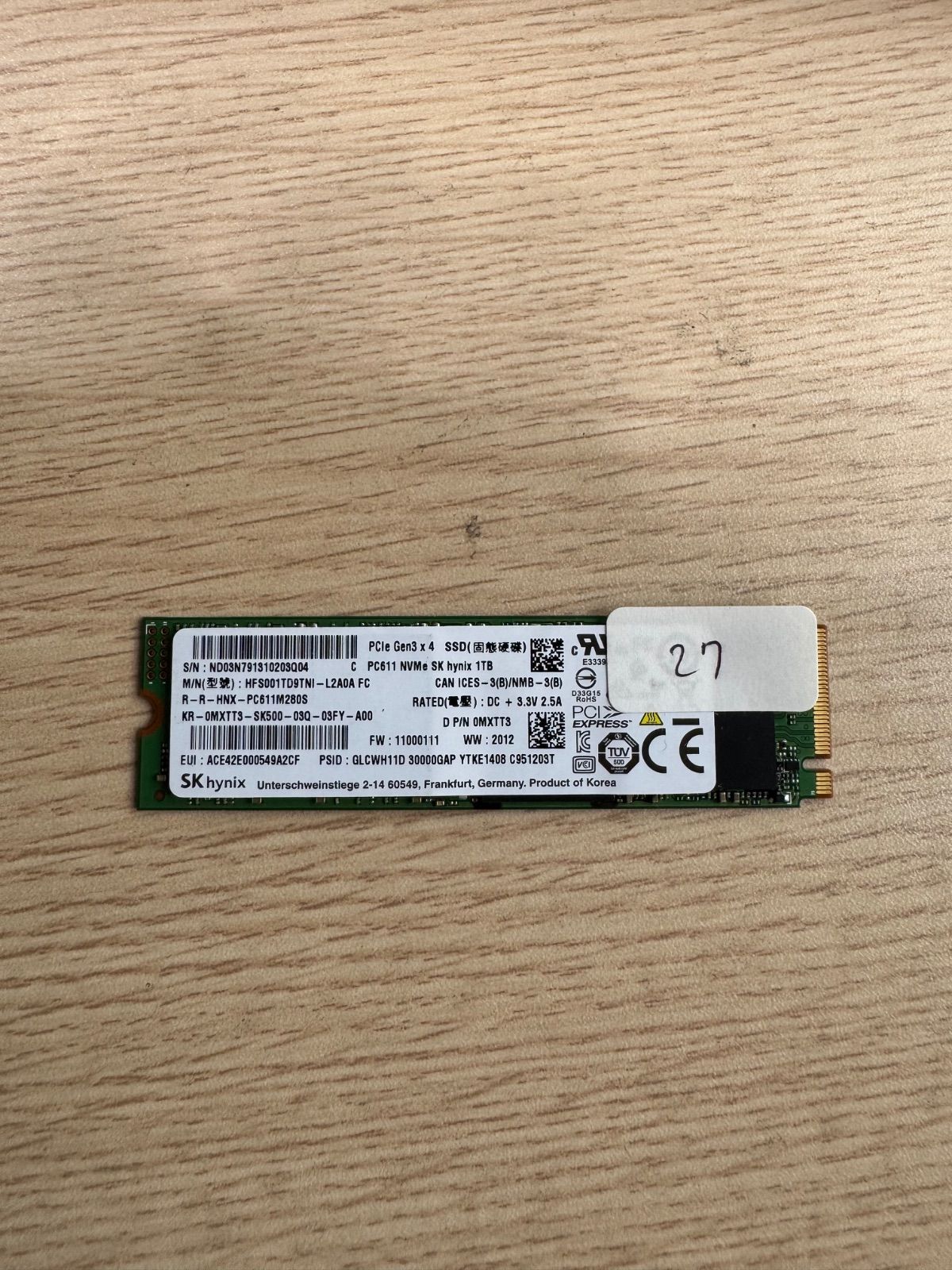 【動作確認済】【すぐ発送可能】SK hynix NVMe SSD 1TB 高速 M.2 ( No27)