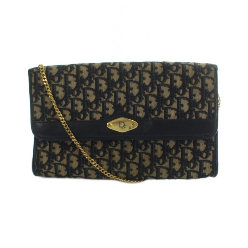 クリスチャンディオール Christian Dior ヴィンテージ トロッター チェーン ショルダーバッグ ゴールド金具 キャンバス レザー 紺 ネイビー ベージュ ■GY05 /MQ ■OH