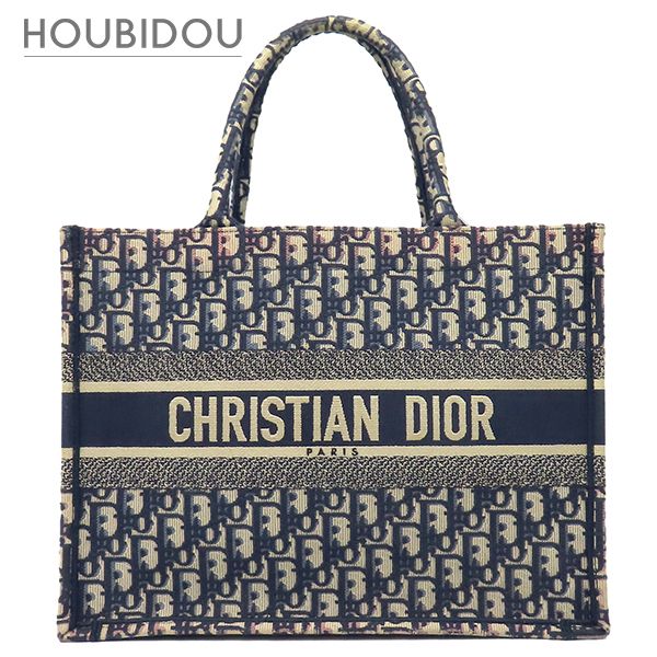クリスチャン・ディオール Christian Dior トートバッグ ブックトート ミディアム キャンバス ネイビー オブリーク Book Tote M1296ZR1W928【中古】