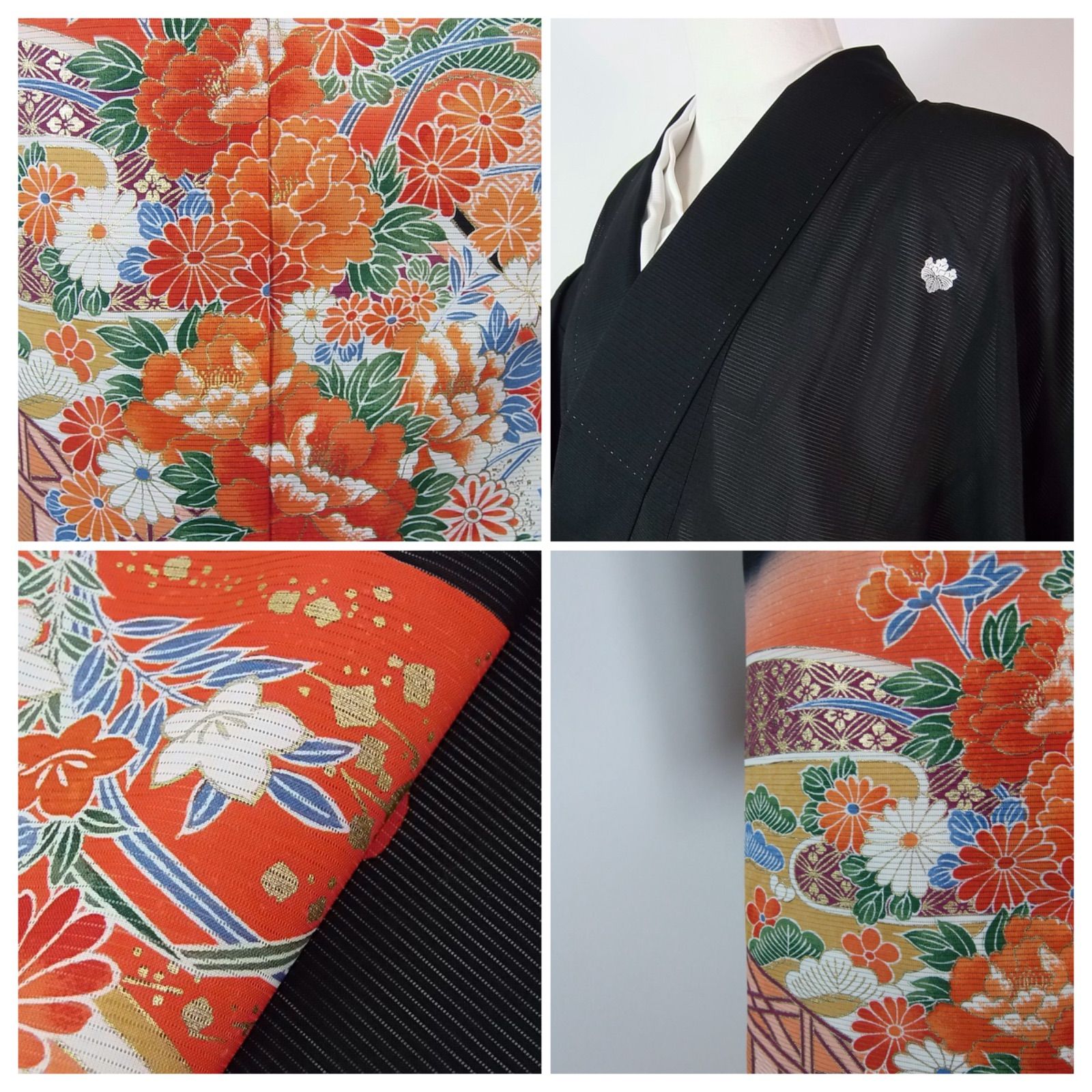 豪華絢爛 御所車に四季花文様 洗える夏黒留袖 駒絽 金彩 五つ紋 比翼