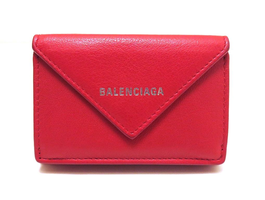 BALENCIAGA バレンシアガ 財布 ペーパー ミニウォレット レッド レザー 391446 三つ折り財布 カーフ レッド レディース【中古】