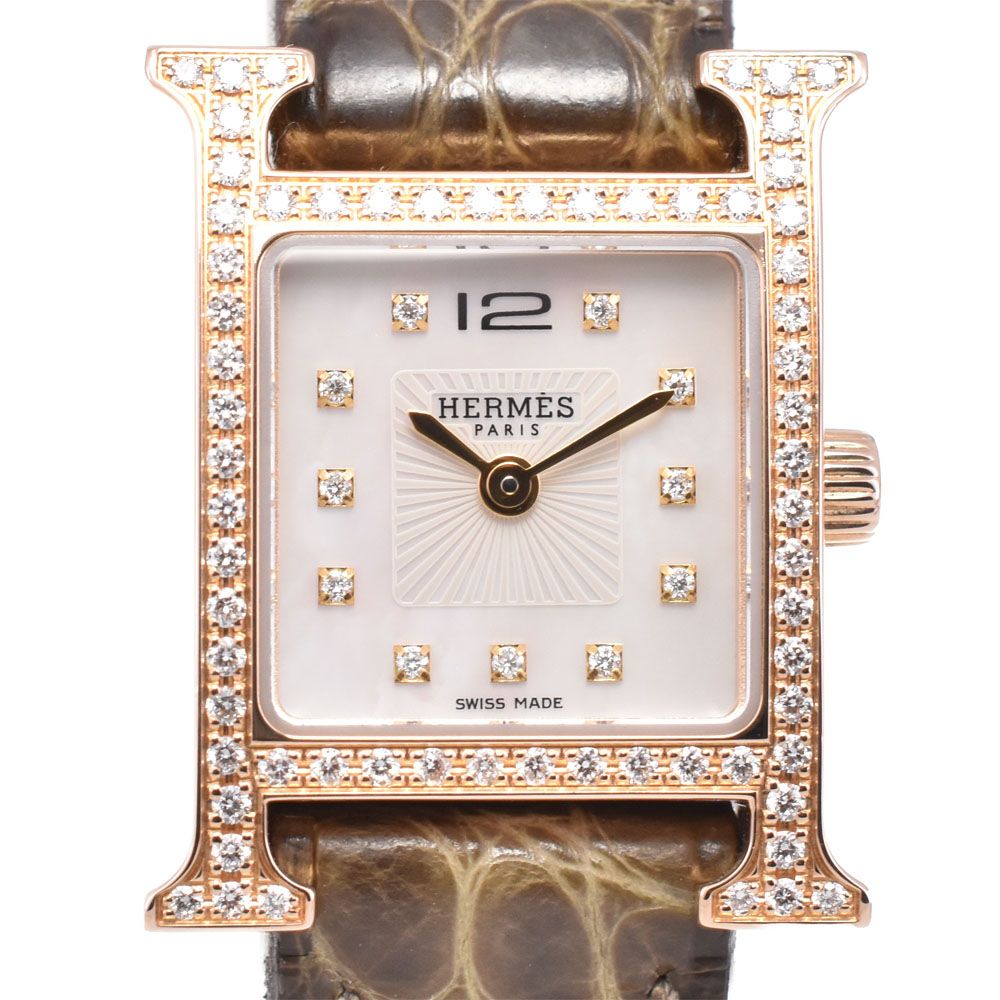 値下 エルメス HERMES HH1.171b Hウォッチ ミニ K18PG ダイヤモンド クォーツ レディース 美品 □#143728
