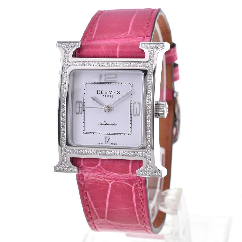 値下 エルメス HERMES HH3.530.131 Hウォッチ ダイヤモンドベゼル 自動巻き レディース 極美品 箱・保証書付き □#144574