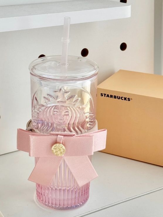 【即納】海外限定 Starbucks スターバックス リボン結び ガラスストロータンブラー 550ml ピンク クリアカップ ストロー付き