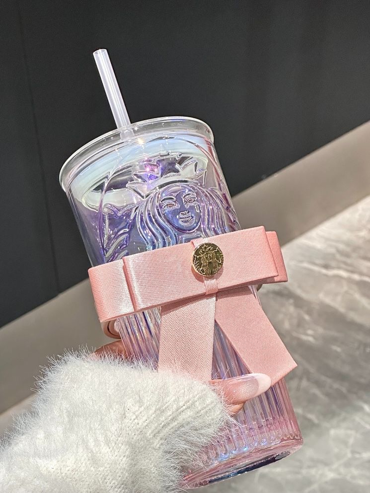 【即納】海外限定 Starbucks スターバックス リボン結び ガラスストロータンブラー 550ml ピンク クリアカップ ストロー付き