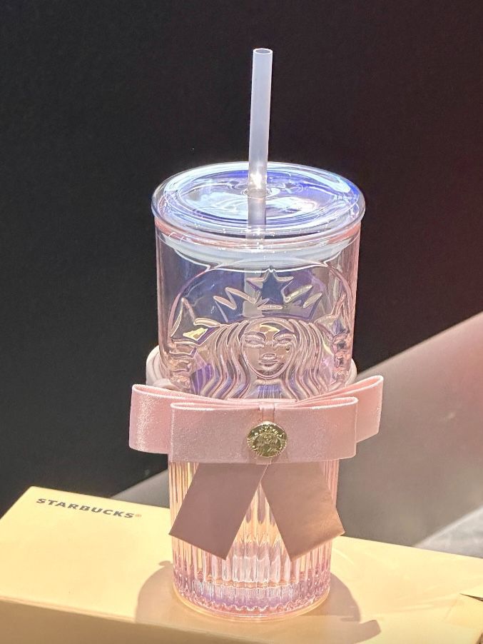 【即納】海外限定 Starbucks スターバックス リボン結び ガラスストロータンブラー 550ml ピンク クリアカップ ストロー付き