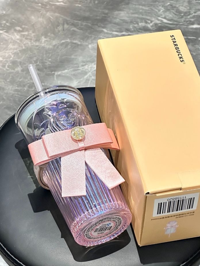 【即納】海外限定 Starbucks スターバックス リボン結び ガラスストロータンブラー 550ml ピンク クリアカップ ストロー付き