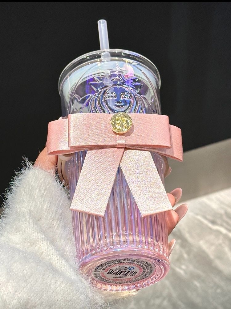 【即納】海外限定 Starbucks スターバックス リボン結び ガラスストロータンブラー 550ml ピンク クリアカップ ストロー付き
