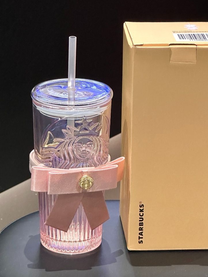 【即納】海外限定 Starbucks スターバックス リボン結び ガラスストロータンブラー 550ml ピンク クリアカップ ストロー付き