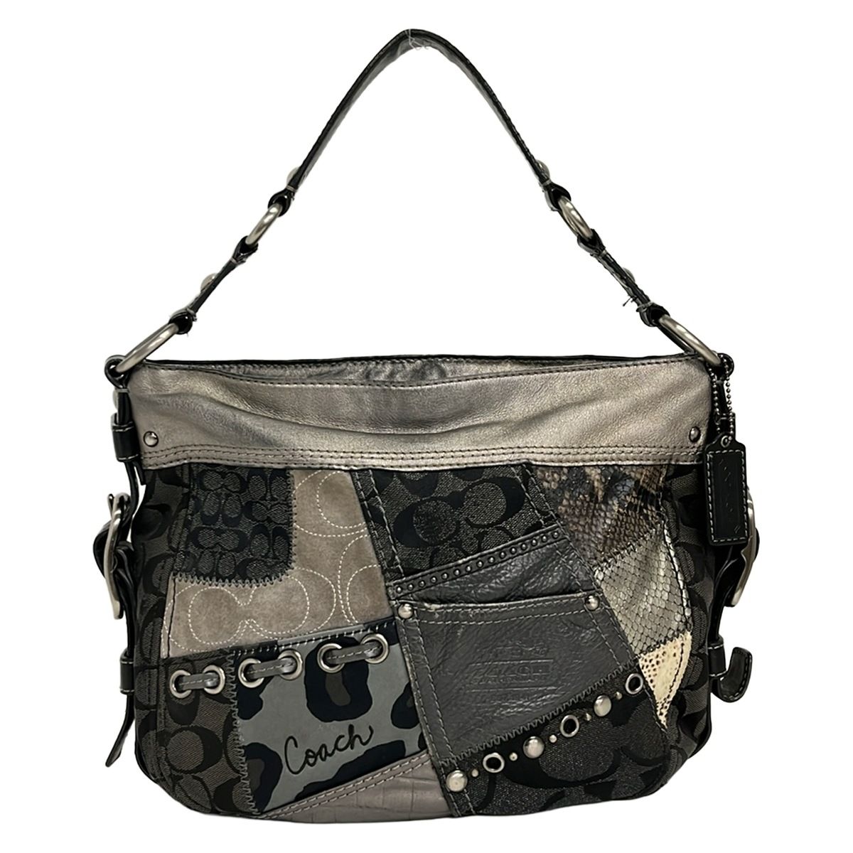 COACH(コーチ) ショルダーバッグ美品 トーナル パッチワーク ゾーイ 12901 ダークグレー×黒×マルチ 豹柄/型押し加工 レザー