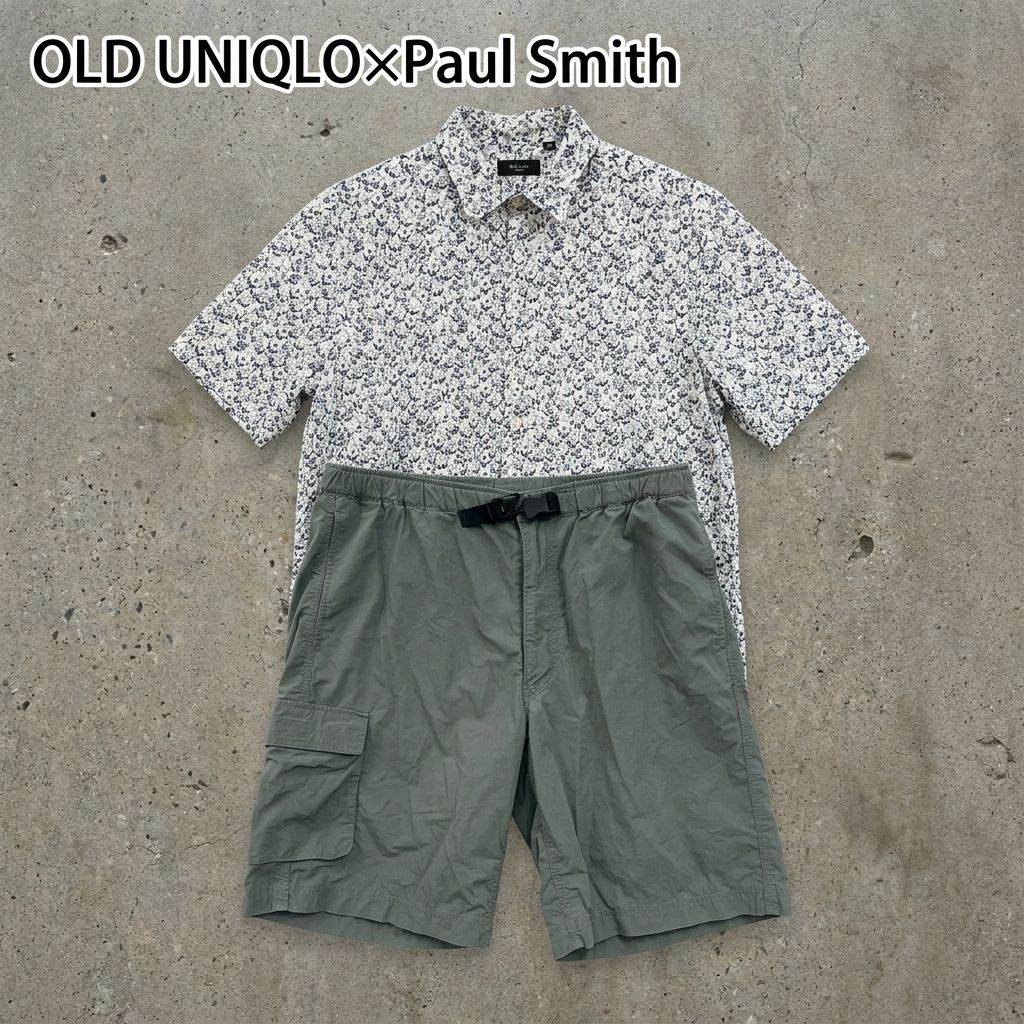 ～00s　Paul Smith　ポールスミス　OLD UNIQLO　オールドユニクロ　半袖シャツ/柄シャツ　ハーフパンツ　花柄　ヴィンテージ　白　ホワイト　カーキ　Lサイズ　古着