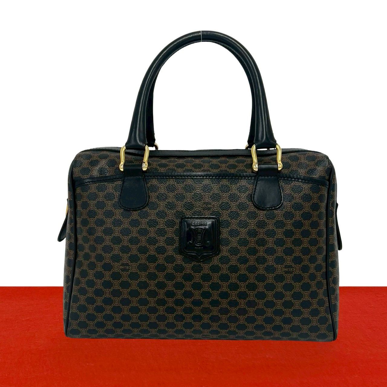 極 美品 CELINE セリーヌ ヴィンテージ マカダム ブラゾン 柄 レザー 本革 ハンドバッグ ボストンバッグ ブラウン ブラック 22071