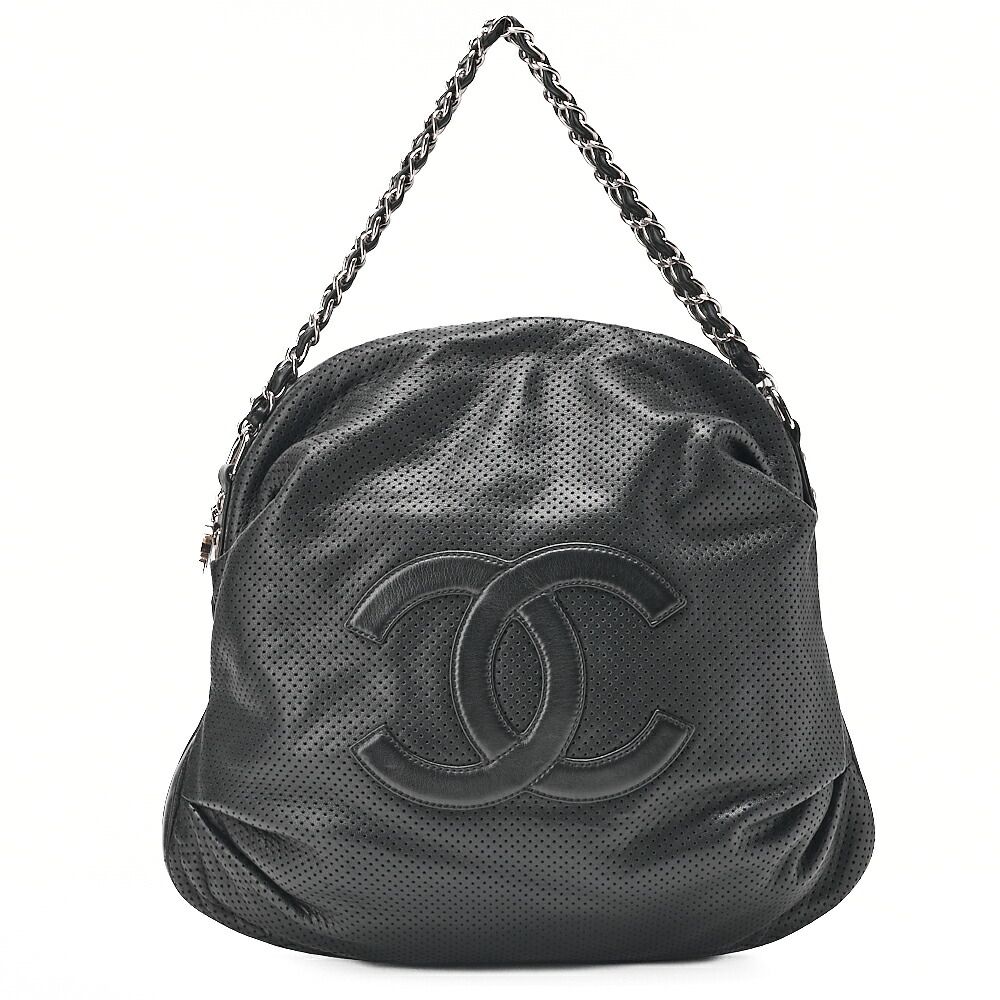 CHANEL シャネル　ラムスキン 　 パンチング　ココマーク　　ココチャーム付き　チェーンハンドバック　黒　（シルバー金具） レディース 【送料無料】【中古】