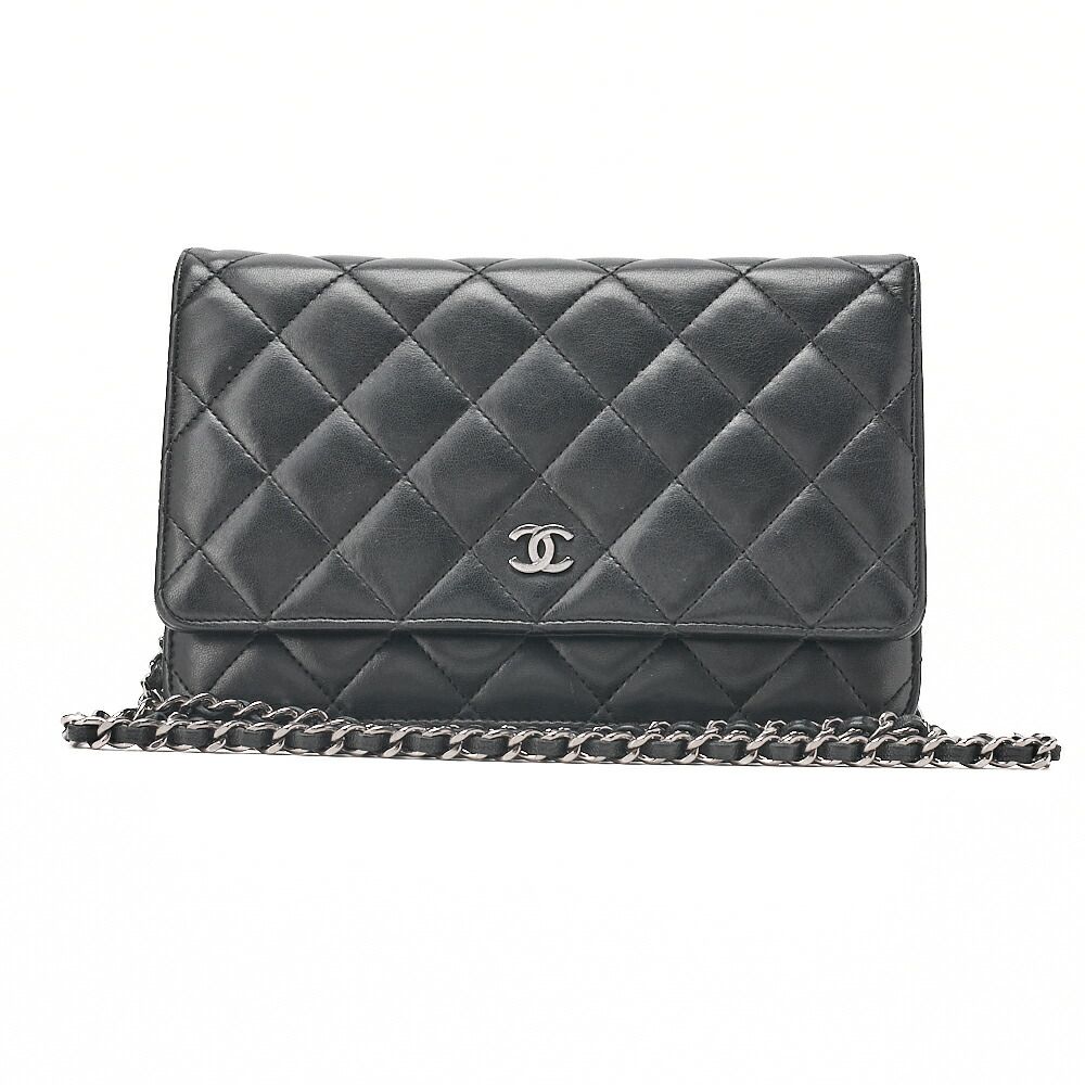 CHANEL シャネル 　マトラッセ　 チェーンウォレット 　ラムスキン　 黒 　シルバー金具 ブランド【中古】【送料無料】 210,000円