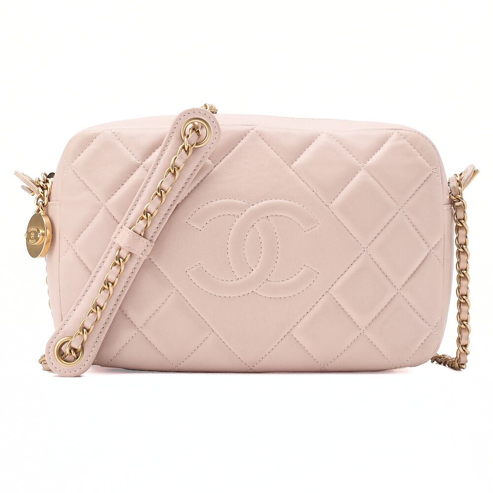 CHANEL シャネル 　ラムスキン　マトラッセ　プレートチャーム 　チェーンショルダー　ピンク（ゴールド金具）ショルダーバッグ ミニショルダーバッグ レディースバッグ ハイブランド【中古】【送料無料】