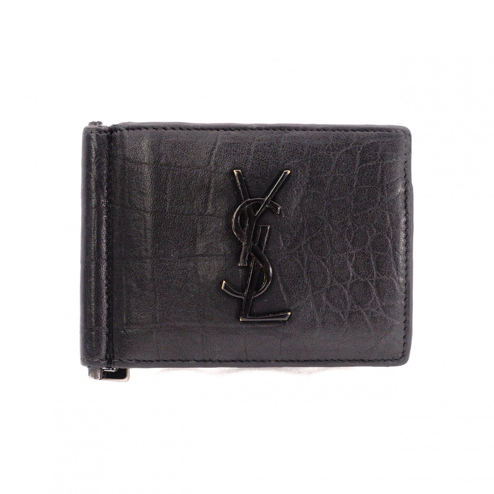 SAINT LAURENT サンローラン マネークリップ クロコ 型押し カサンドラ 二つ折り財布 レザー ブラック メンズ YSL