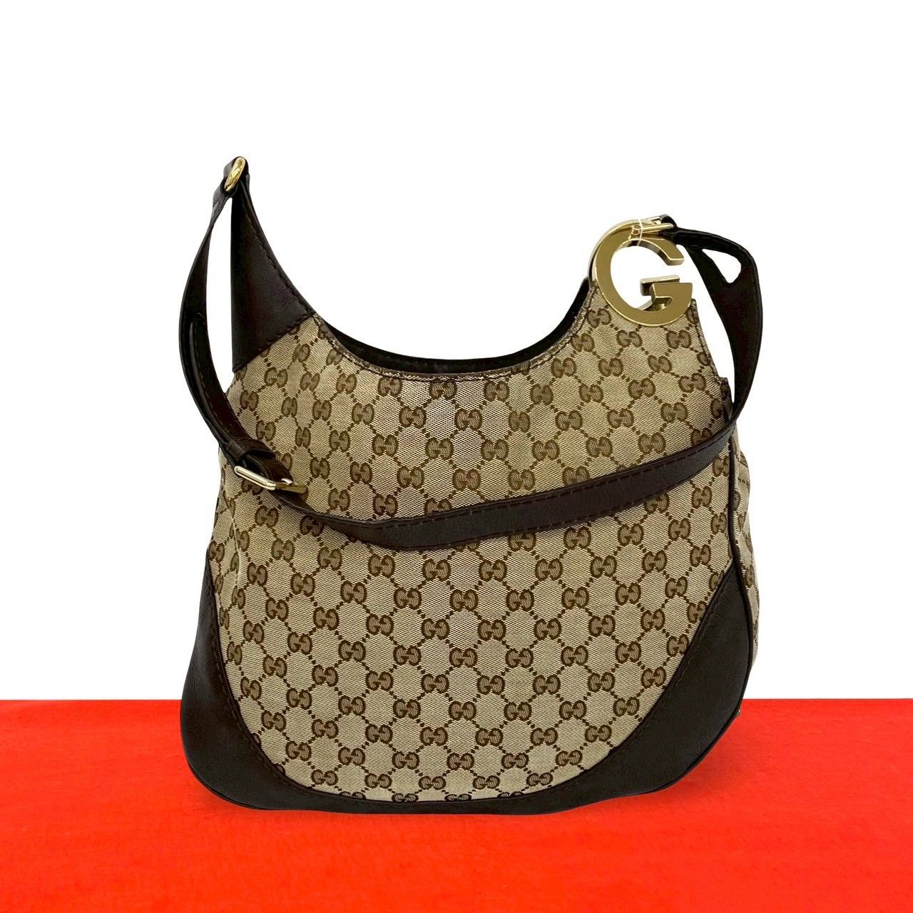 極 美品 GUCCI グッチ シャーロット G ロゴ 金具 GG キャンバス レザー 本革 ショルダーバッグ サコッシュ ベージュ ブラウン 03871