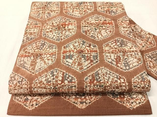 平和屋着物●九寸名古屋帯　紬地　絞り　亀甲文様　正絹　逸品　CABJ0473vp