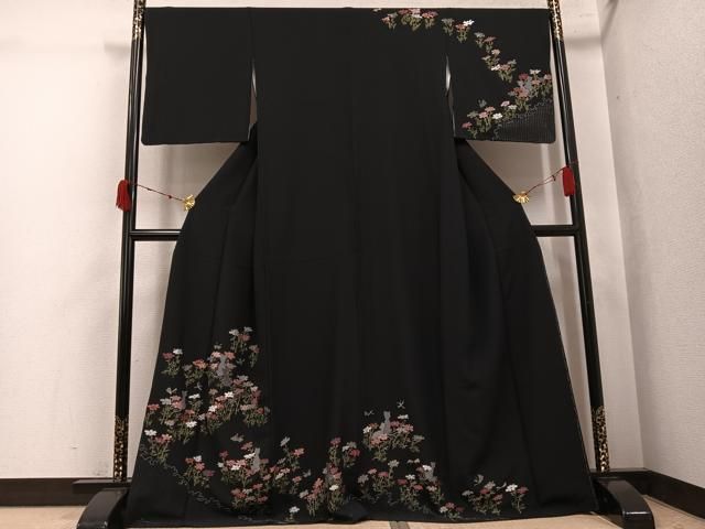 平和屋着物●訪問着　中国三大刺繍　汕頭刺繍　スワトウ刺繍　総刺繍　花蝶文　猫　黒地　金糸　正絹　逸品　AABK0303ph