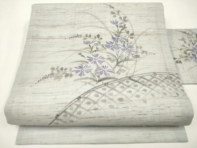 平和屋着物＊夏物　九寸名古屋帯　手描き　籬枝花文　麻　逸品　CABI8726tx