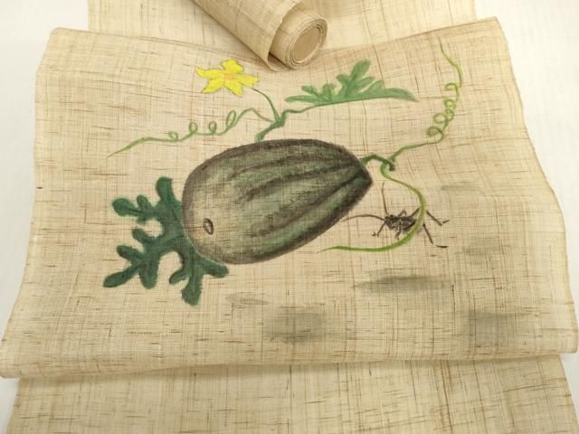 平和屋着物＊夏物　名古屋帯　帯反物　手描き　西瓜と夏虫　スイカ　麻　逸品　未使用　DABH2419zzz