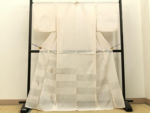 平和屋着物＊夏物　訪問着　縦絽　刺繍　秋草文　銀彩　正絹　逸品　BAAX6943hj