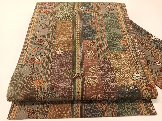 平和屋着物●全通柄　九寸名古屋帯　型染め　吉祥花鳥蝶間道　正絹　逸品　CABJ0426vp
