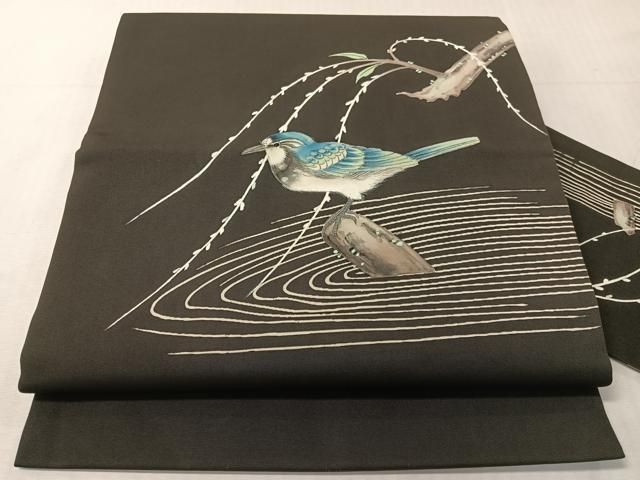平和屋着物●塩瀬　九寸名古屋帯　手描き　休み鳥　黒地　正絹　逸品　CABJ0438vp 30,420円