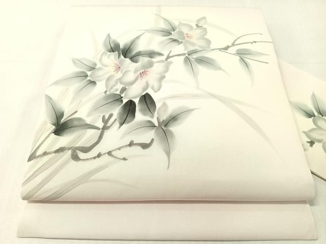 平和屋着物●塩瀬　九寸名古屋帯　作家物　手描き　枝花文　銀彩　正絹　逸品　CABJ0439vp