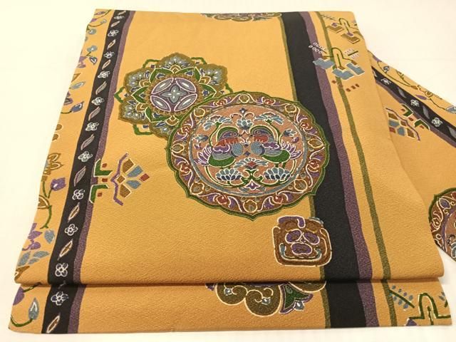 平和屋着物●全通柄　九寸名古屋帯　鏡裏双鳥花文　金彩　正絹　逸品　CABJ0440vp