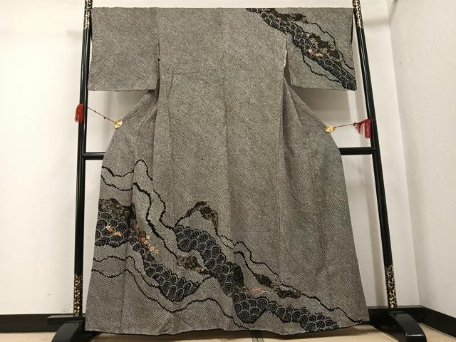 平和屋着物●訪問着　絞り　刺繍　草花青海波　黒地　金彩　正絹　逸品　AABJ9361ph