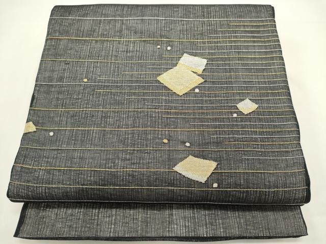 平和屋着物＊夏物　太鼓柄袋帯　すくい織　菱文　黒地　金銀糸　正絹　逸品　DABH1685cd