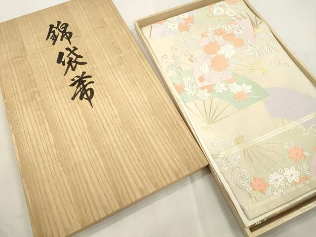 平和屋着物●西陣　川島織物　六通柄　本袋帯　唐織　扇面草花文　金銀糸　共箱付き　正絹　逸品　CABI7500dy