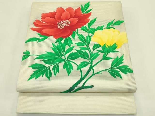 平和屋着物＊夏物　九寸開き名古屋帯　牡丹　銀糸　正絹　逸品　CABI5474rv